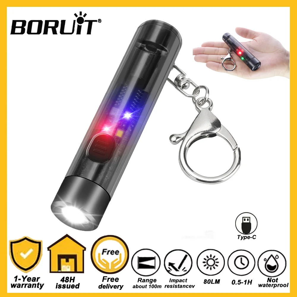 

BORUiT Protable Mini LED Flashlight Keychain With Whistle Type-C Rechargeable Torch Camping Lantern Fishing Hand Light Uv Lamp