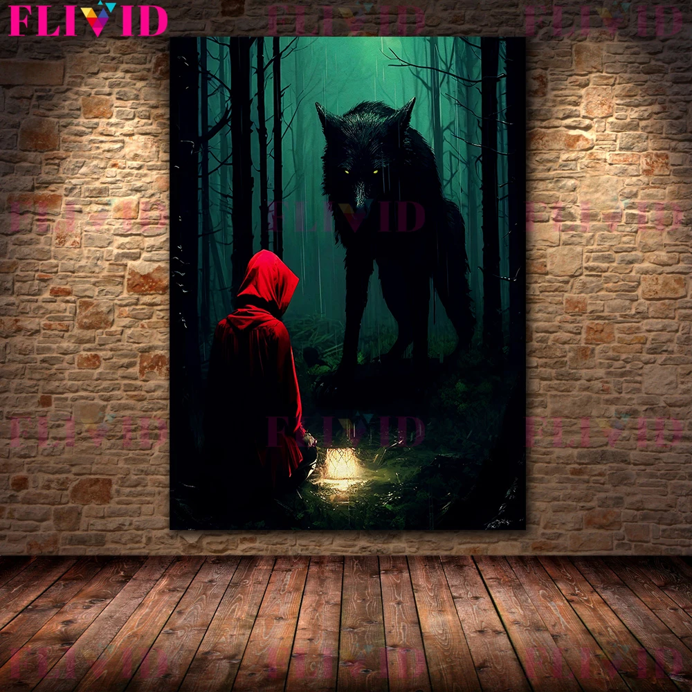 Little Red Riding Hood And Big Bad Wolf In The Forest Vintage Wall Art Canvas Print Horror Fairy Tales Gothic Art Poster Print