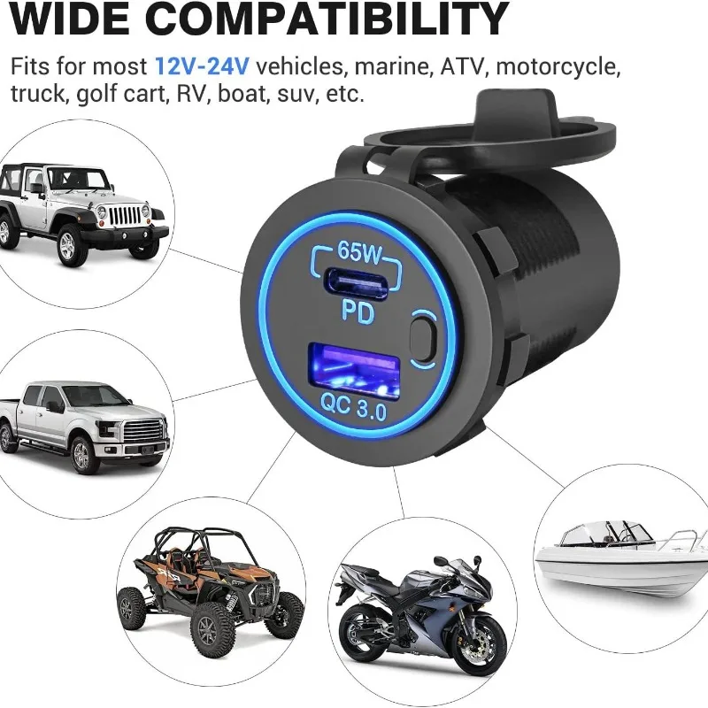 

Мощное зарядное устройство для автофургона мощностью 65 Вт, водонепроницаемый адаптер питания USB-C для морского/автомобиля/грузовика, станция быстрой зарядки для ноутбука и телефона
