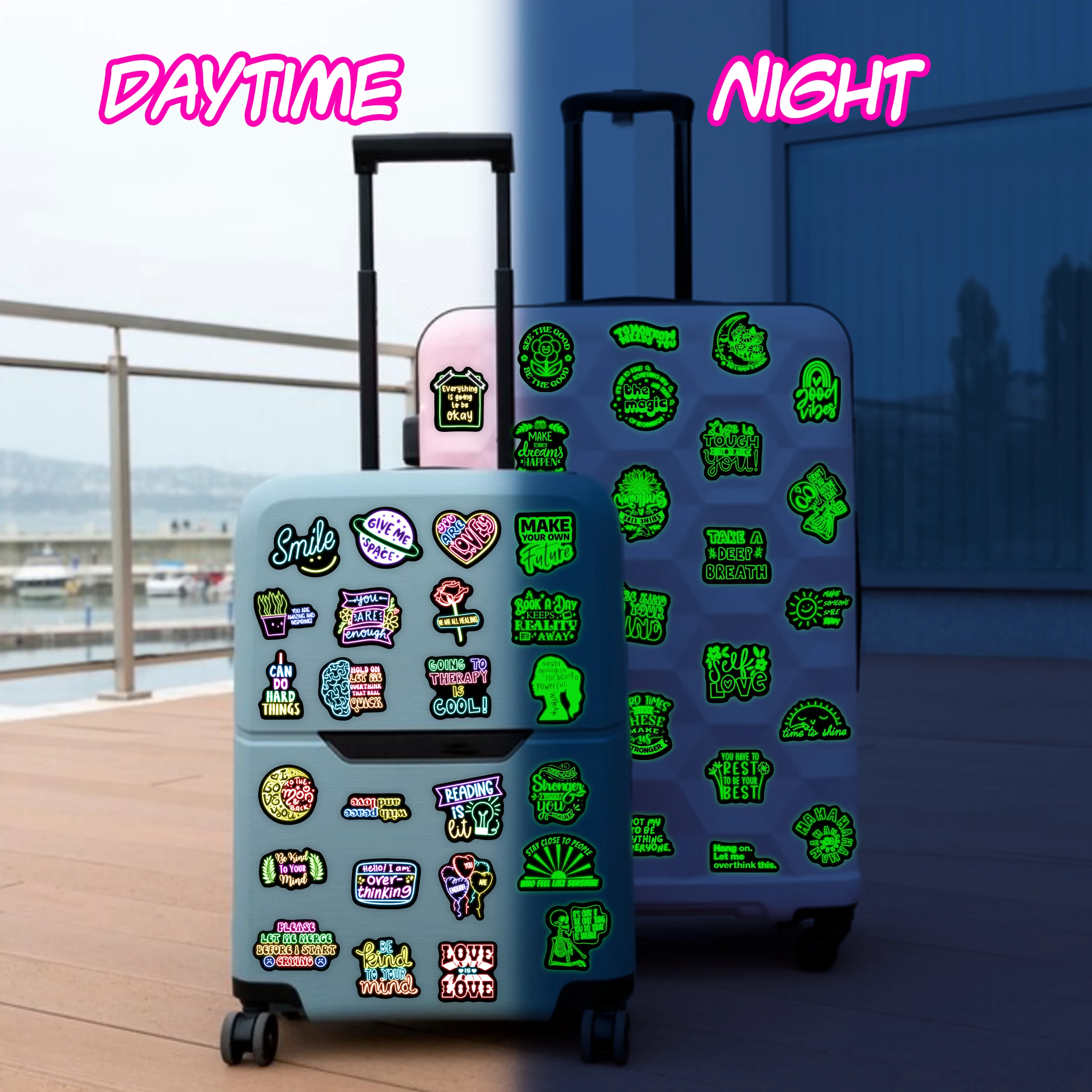 50Pcs Neon Phrase Pattern Glow in the Dark Stickers Waterproof Vinyl Decals Computer Phone Case Decoration for Kids DIY Gifts