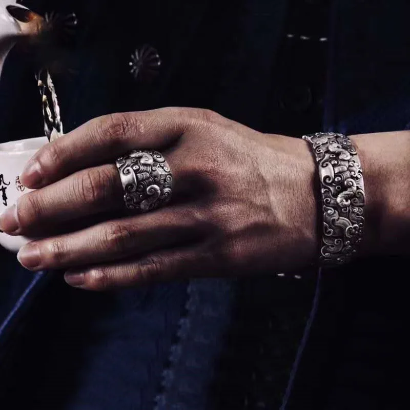 الرجعية العرقية نمط الفضة 925 محفورة الوحش الإلهي المهيمن الماشية سوار موضة الرجال والنساء الاستبداد مجوهرات ﻿ ﻿