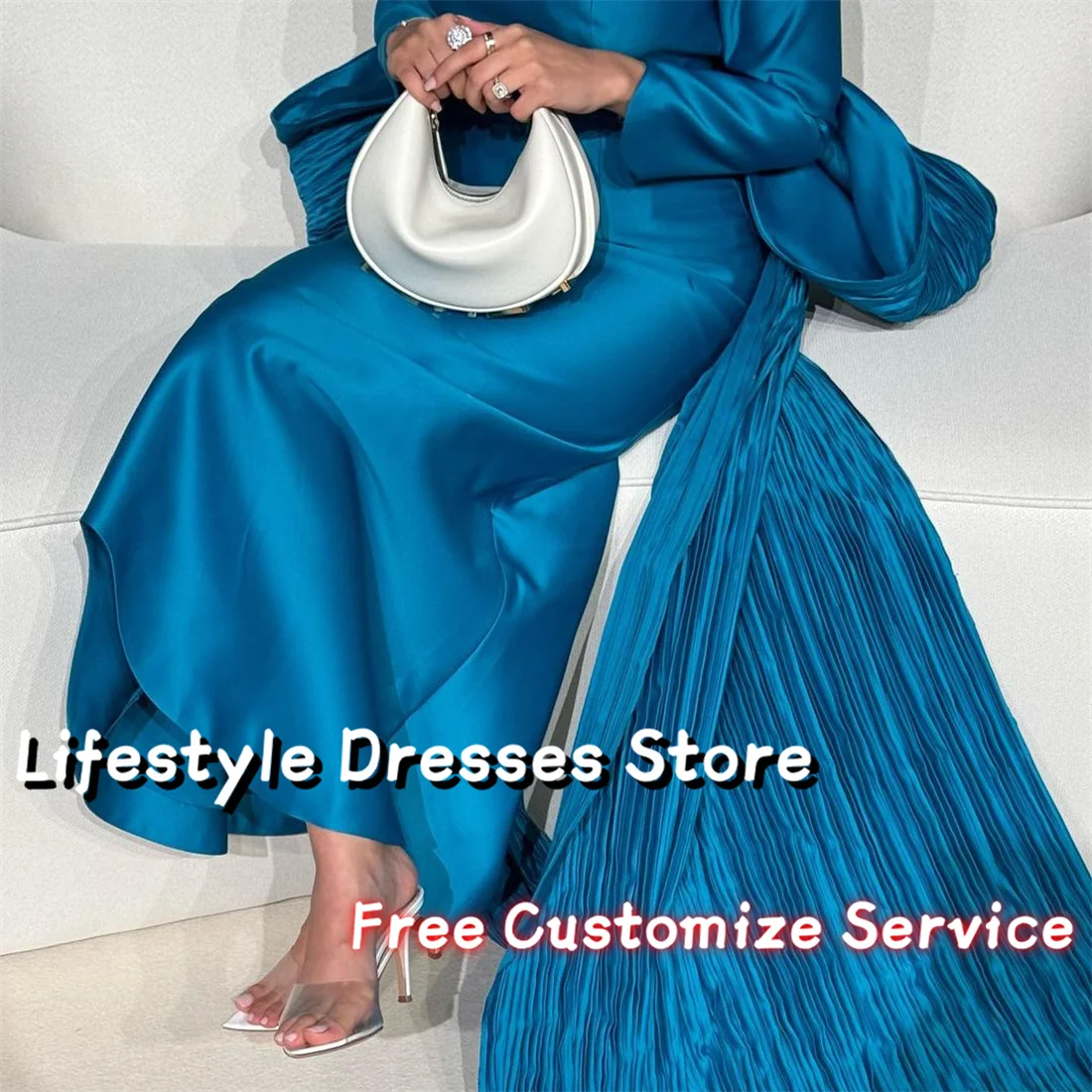 Round Neck Customized Long Sleeves Satin Evening Dresses Back Oversize Bow Prom Gown Wedding Party Dress Chic Formal Dress