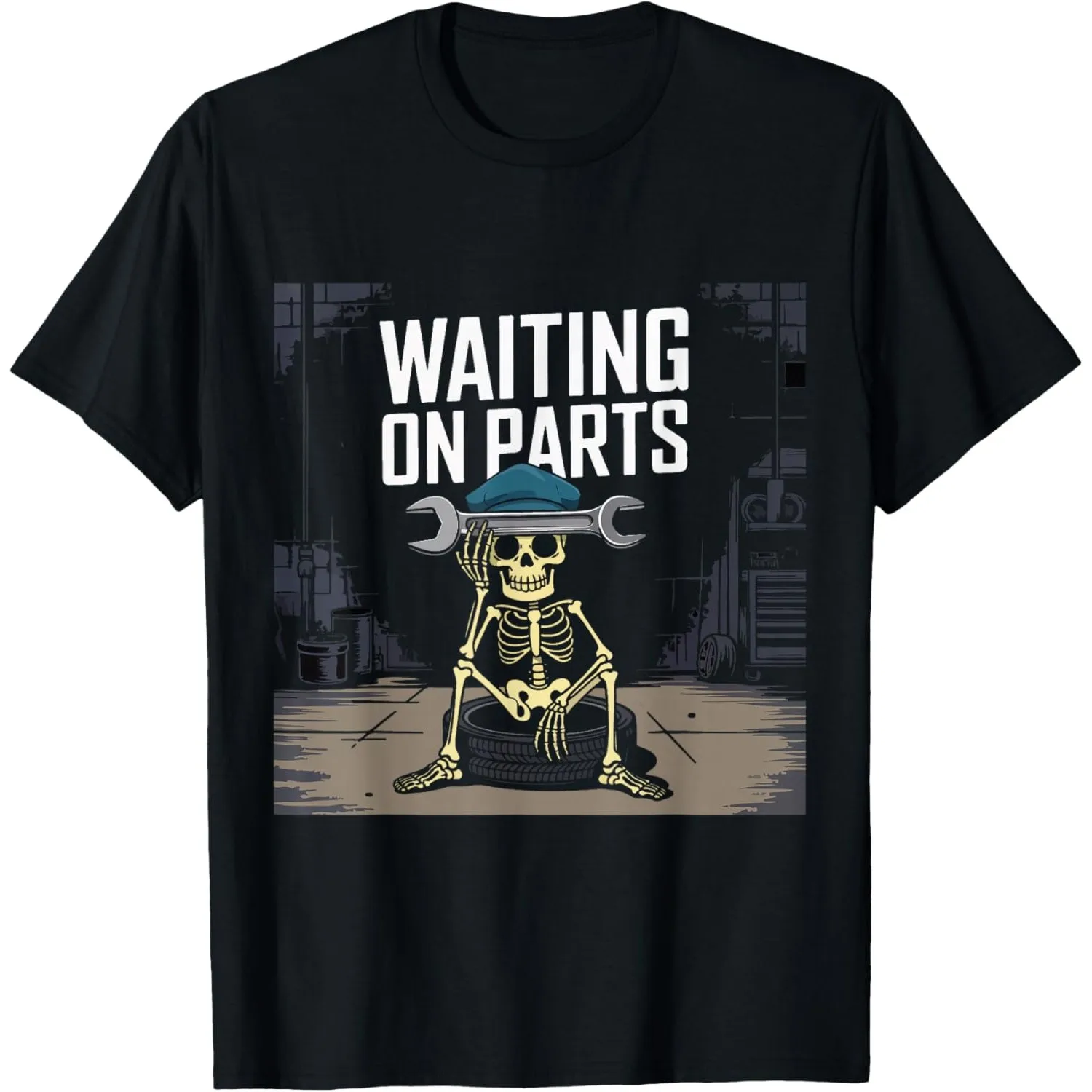 Mechanic Skeleton Waiting On Parts Graphic Tee Funny Auto Repair Men's T-Shirt
