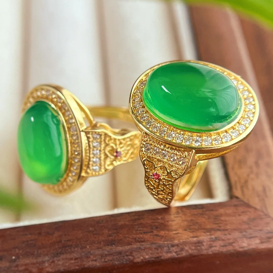 National style retro natural emperor green full green chalcedony agate ring