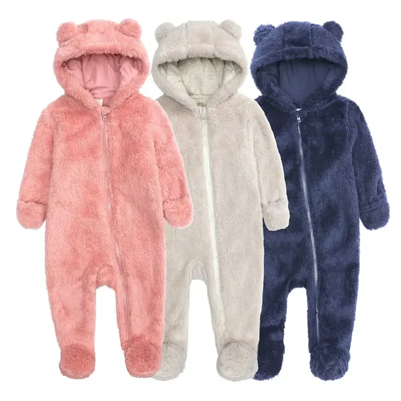 Fashion Solid Color Baby Girl Winter Clothes Long Sleeve Arctic Velvet Hooded Boys Footies Newborn Clothing 0-12 Months