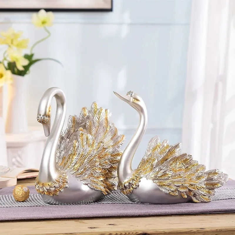 2PCS/SET Gold Swan Lovers Home Decor Ceramic Crafts Porcelain Animal Figurines Wedding Decoration Lovers New Year Gift