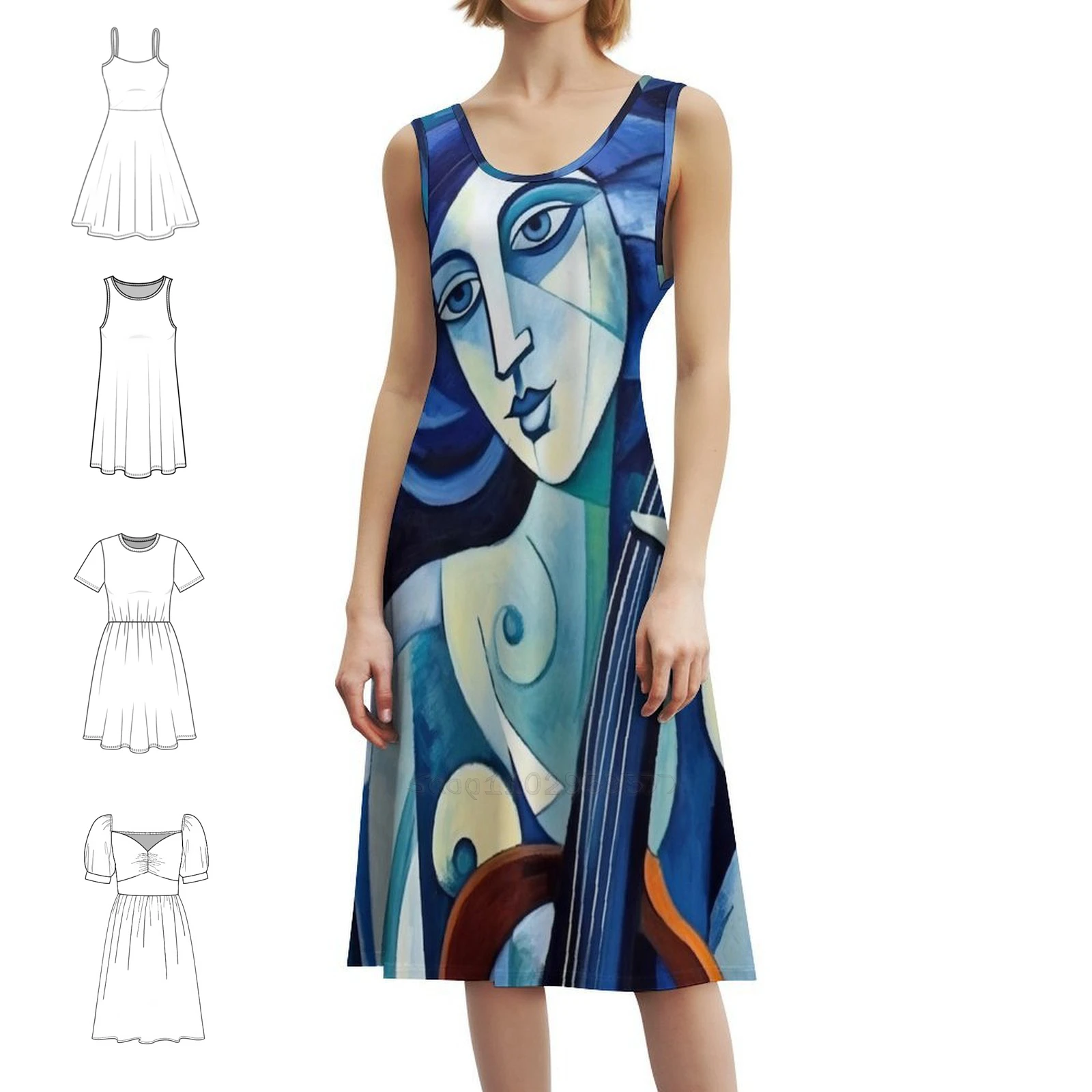 مكعب: فستان أزرق سيمفونيات في الفن الحديث للنساء للحفلات الأنيقة على شكل حرف A مع خيارات قصيرة/طويلة/بدون أكمام #1