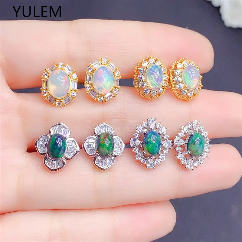 YULEM S925 Opal Stud Earrings Natural Black Opal Studs Real 925 Silver Black Color Gemstone Fire Secret Birthstone