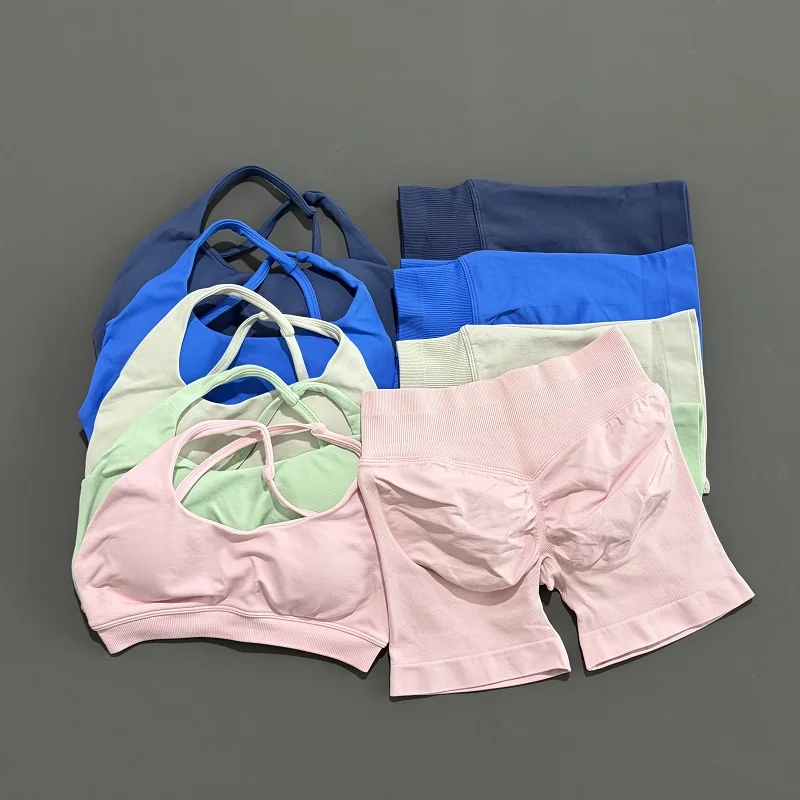 2 Piece Women Gym Set Asymmetric Sports Bra High Waist Scrunch Seamless Shorts Yoga Sport Suit Sportswear Workout Set