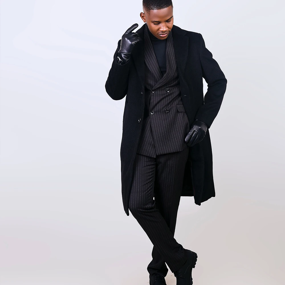 

Luxury Men's Suit Pinstripe Peaked Lapel Double Breasted Blazer Groom Wedding Business Slim Fit Prom Jacket Long Coat Customized