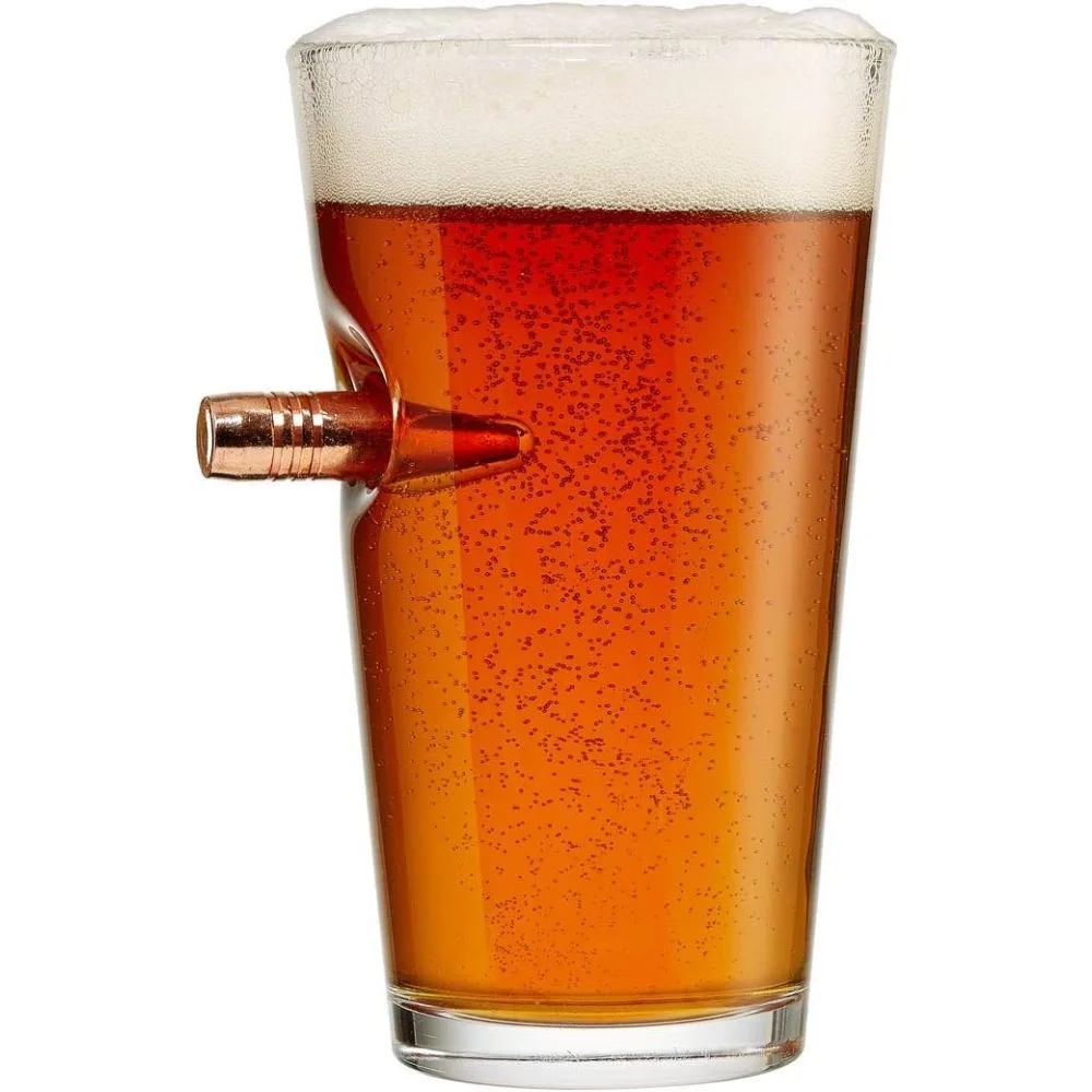 

16 oz Pint Glass with Real .50 BMG Bullet Embedded Beer Glass for Men Whiskey Drinking Home Bar Gift Unique Man Cave Decor
