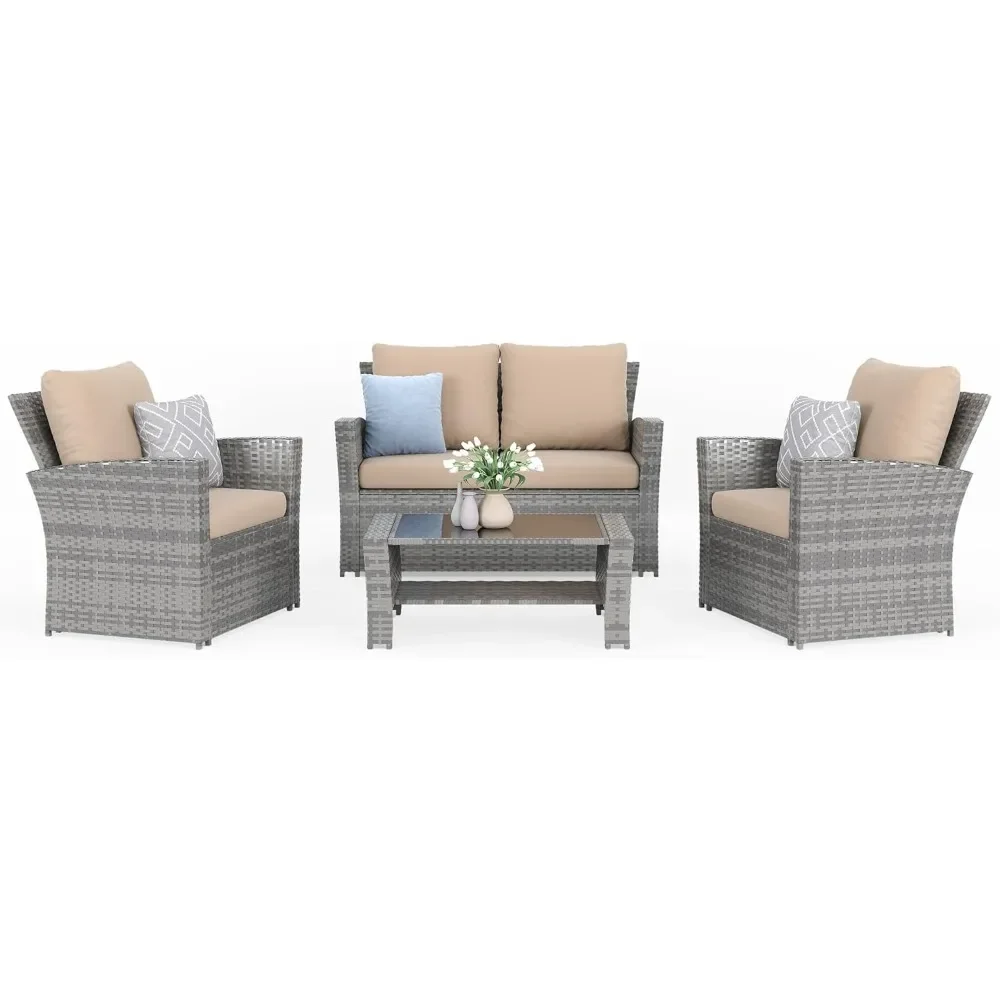 

4 Pieces Outdoor Patio Furniture Set,Wicker Sectional Sofa Outdoor Patio Set Rattan Furniture, Conversation Sets