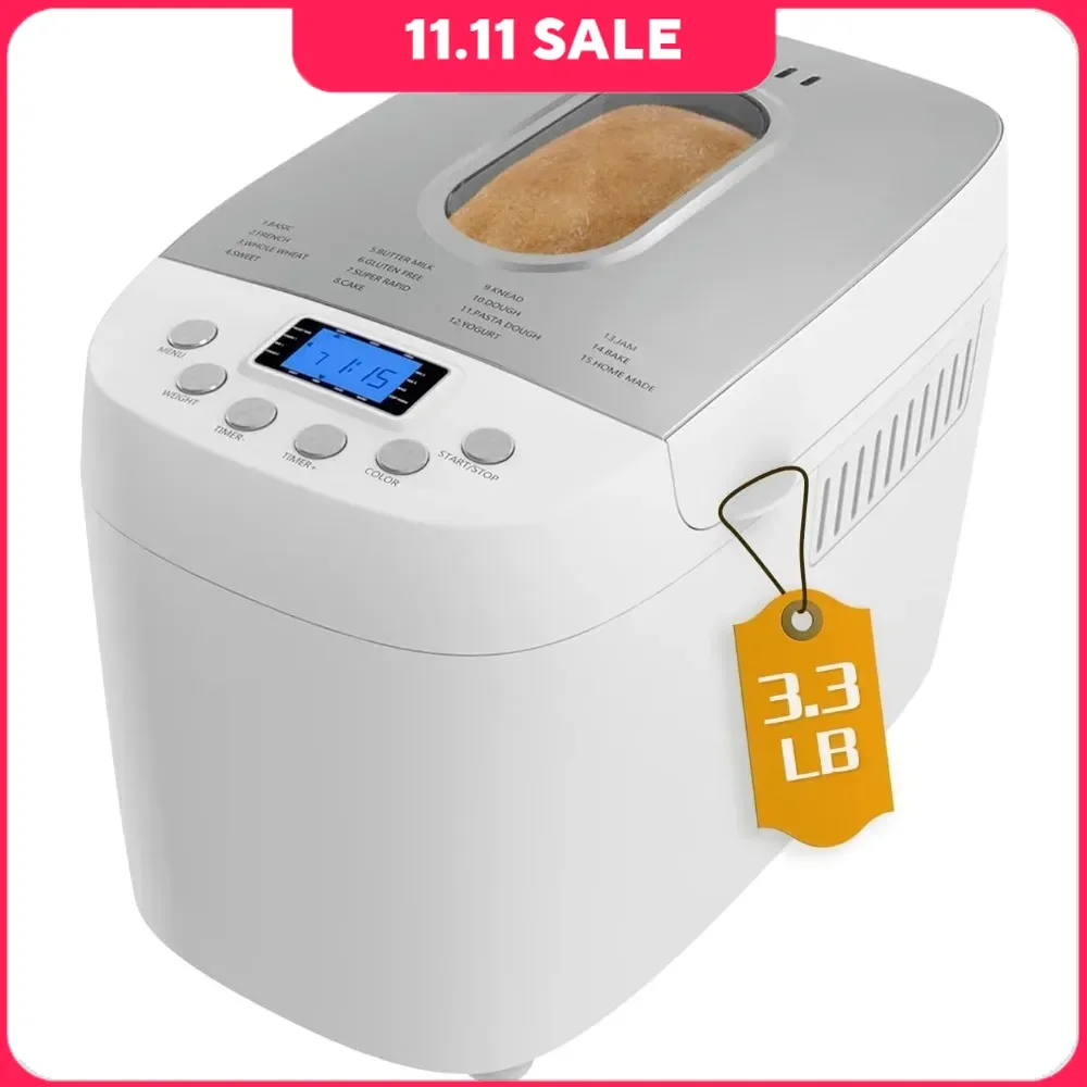 Bread Maker, 3.3LB Dough Maker, 3 Loaf Sizes And 3 Crust Settings,15-H Delay Timer, 15-in-1 Automatic BreadMaker