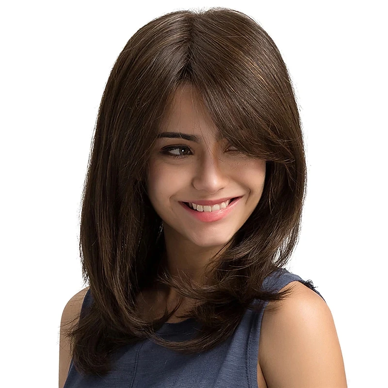 Brown Wigs For Women Straight Wig Shoulder length Chestnut Brown Synthetic Hair Women's Wigs with Bangs