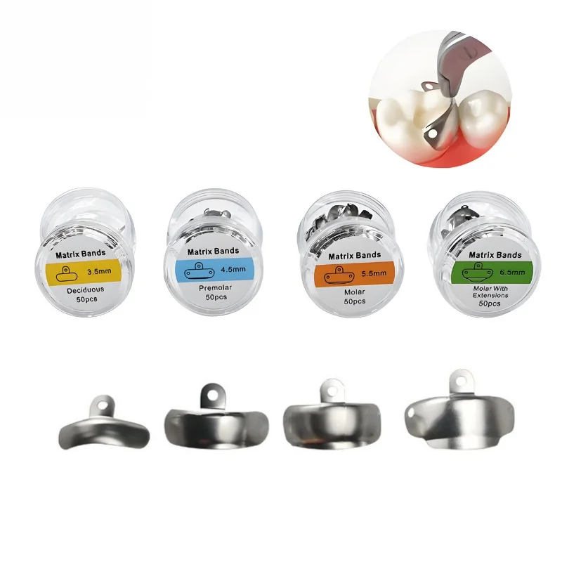 

50pcs/box Dental Matrix Band System Kit Contoured Metal Band for Teeth Restoration 3.5/4.5/5.5/6.5mm Dentistry Material Tools