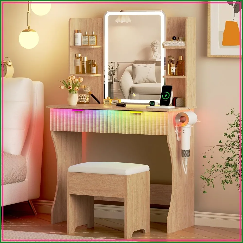 Small Oak Vanity Desk with LED Mirror & Outlet, Makeup Table Set with Drawers & Chair, 3 Light Modes