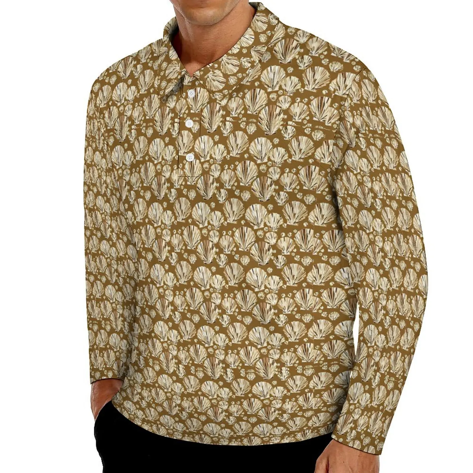 

Brown And Beige Sea Shells Polo Shirts Male Casual Shirt Spring Fashion Turn Down Collar Long Sleeve Custom Oversize T-Shirts