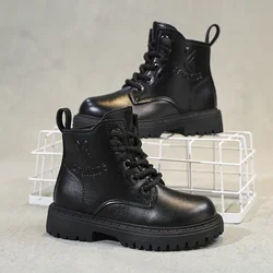 Kid's Winter Cotton Boots Plus Velvet Thickening Water Proof Retro Black Trendy All-match Leather Casual Boys Girls Ankle Boot