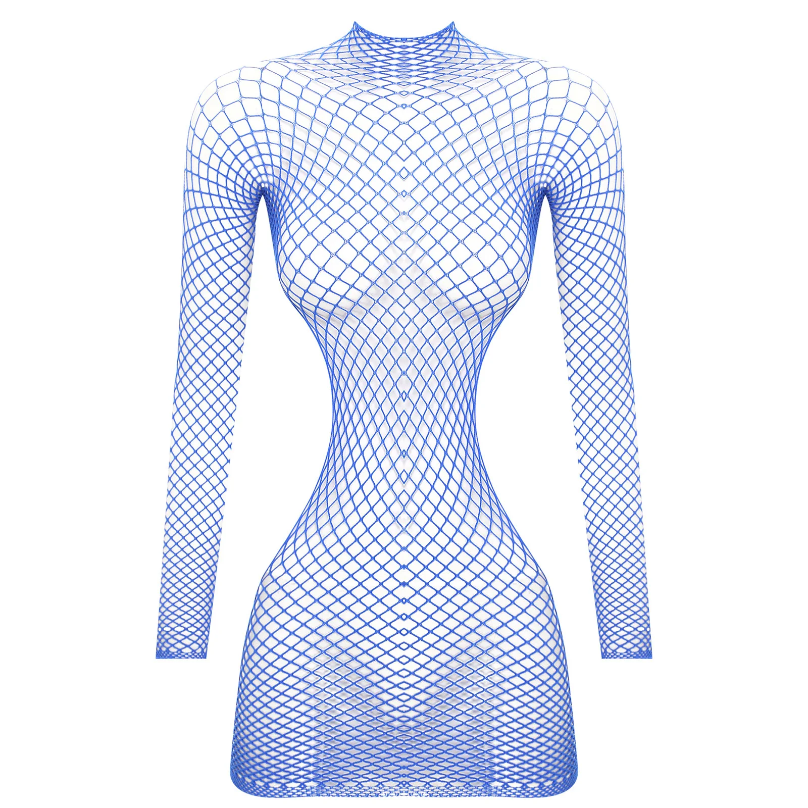 Womens See Through Fishnet Lingerie Dress Long Sleeve Backless Stretchy Transparents Bodycon Dress Swimsuit Bikini Cover Up