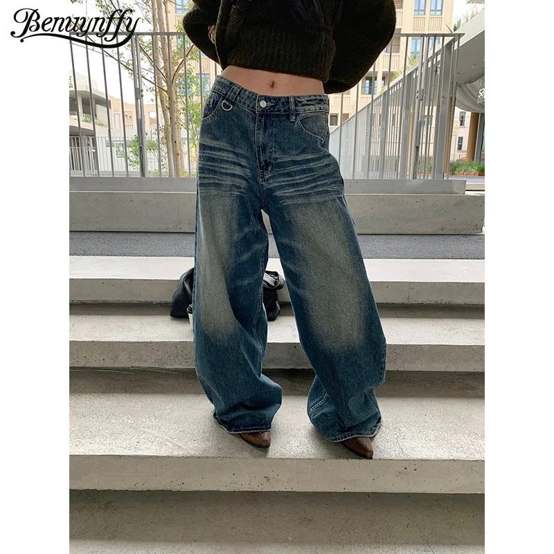 

Benuynffy, американские винтажные потертые мешковатые джинсы, женские брюки осень-зима 2022, новые уличные потертые джинсовые широкие брюки Y2k
