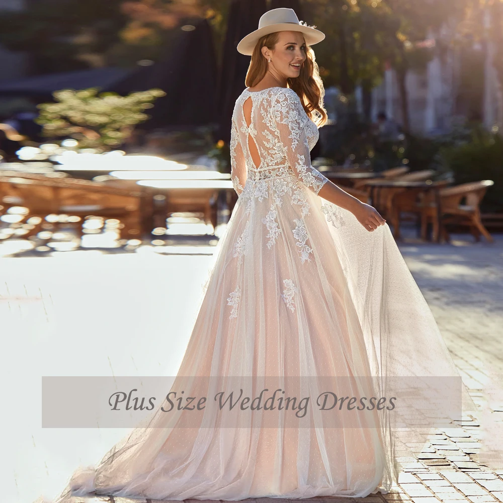 Classic A-Line Wedding Dresses Plus Size V-Neck 3/4 Sleeves Bride Gowns Appliques Illusion Sweep Train Tulle Vestidos De Novia
