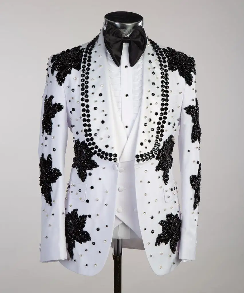 Blazer noivo e calças para homens, smoking de casamento do noivo, casaco single breasted, jaqueta de baile personalizada, branco brilhante, cristais de luxo, conjunto de 2 peças