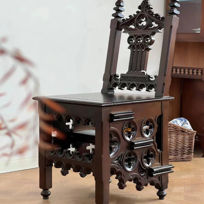French retro solid wood carving flower chair small apartment household multi-function movable step ladder antique dining chair