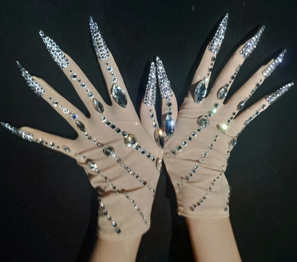 Luxurious Crystals Pearls Gloves Women Sparkly Crystal short Gloves Dancer Singer Nightclub Stage Performance Show Accessories