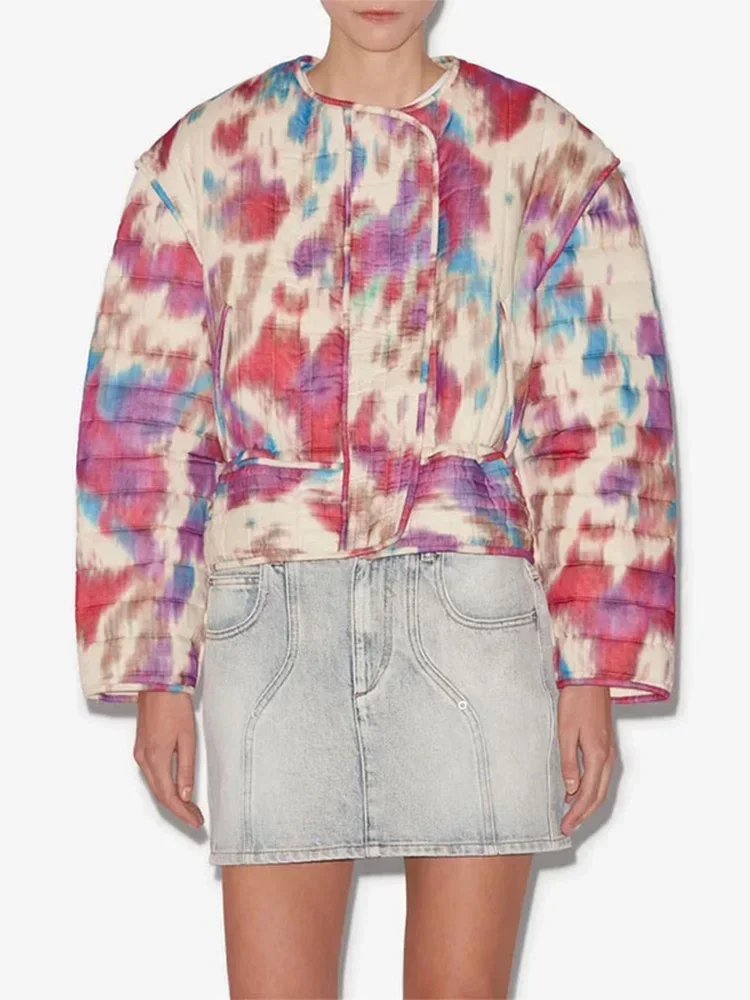 Damesmode Tie Dye Bedrukte Korte Katoenen Jas Met Ronde Hals En Lange Mouwen 2024 Nieuwe Elegante Lady Street Outwear