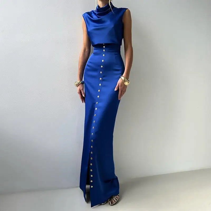 

European and American Summer New Style Slouchy Collar Sleeveless Top with Buttoned Skirt Slim Fit Set