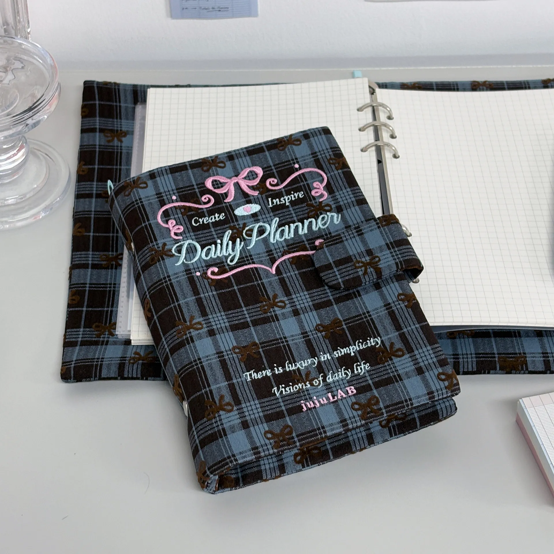 A5/A6 Blue Checkered Loose-leaf Binder - Creative Embroidery Card Holder Album for Journal, Notebook & Star Idol Collection