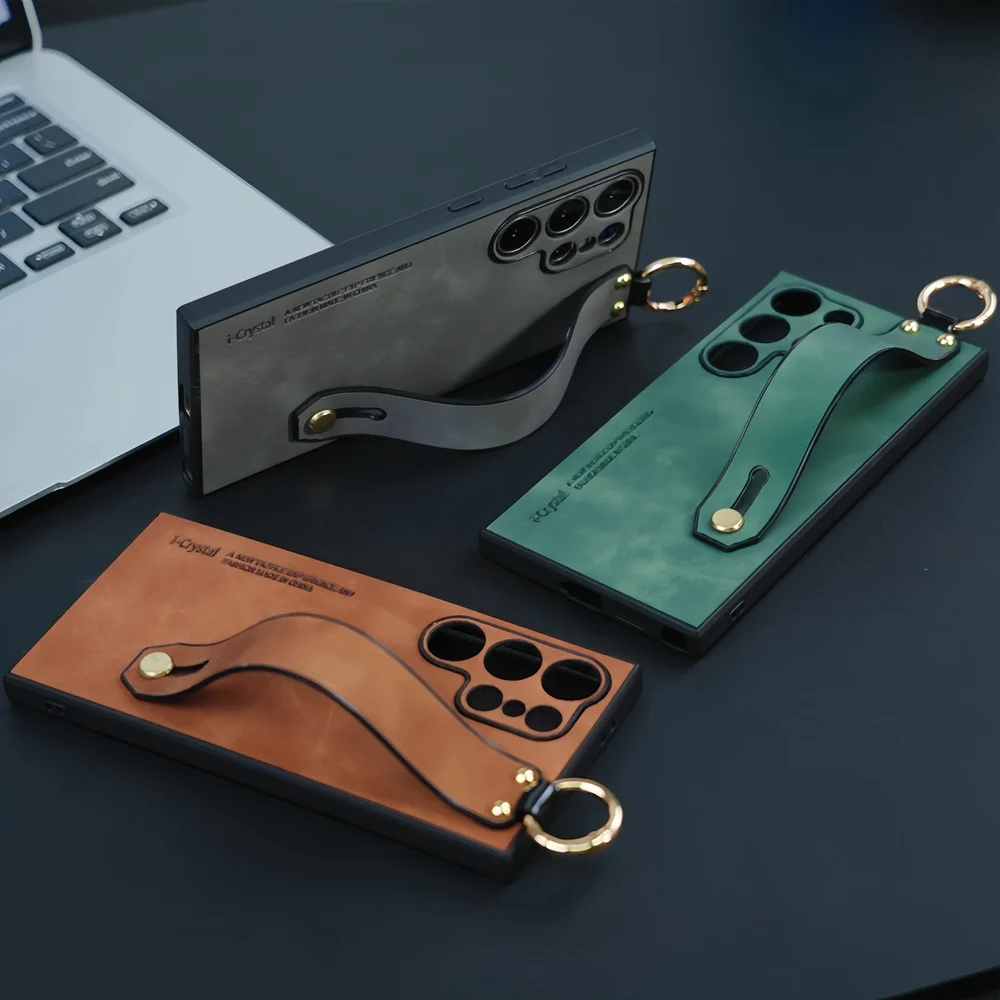 Sheepskin PU Leather Wrist Strap Stand Phone Case For Samsung Galaxy S25 S24 S23 S22 S21 S26 Ultra Metal Finger Ring Holder