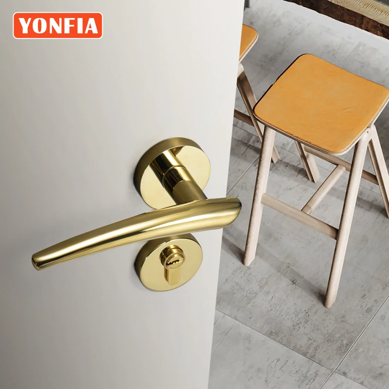 

YONFIA 8130R01 Shiny PVD Gold Zinc Alloy Interior Door Handle Home House Lever Indoor Wood Door Handles Lock For Toilet Bathroom