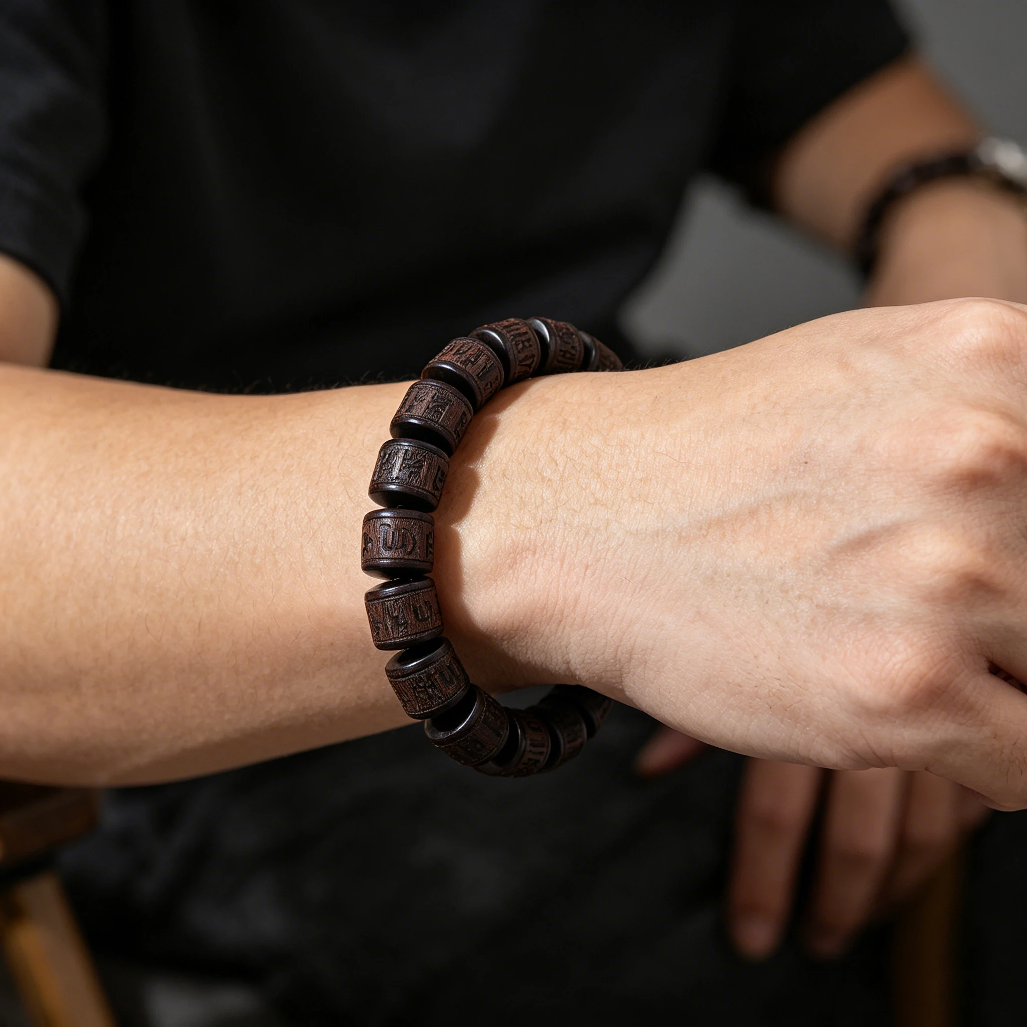 Natural Wood Barrel Bead Stretch Bracelet Hand Engraved Spiritual Mantra, Daily Outfit, Yoga Meditation Gift Peace Bracelet