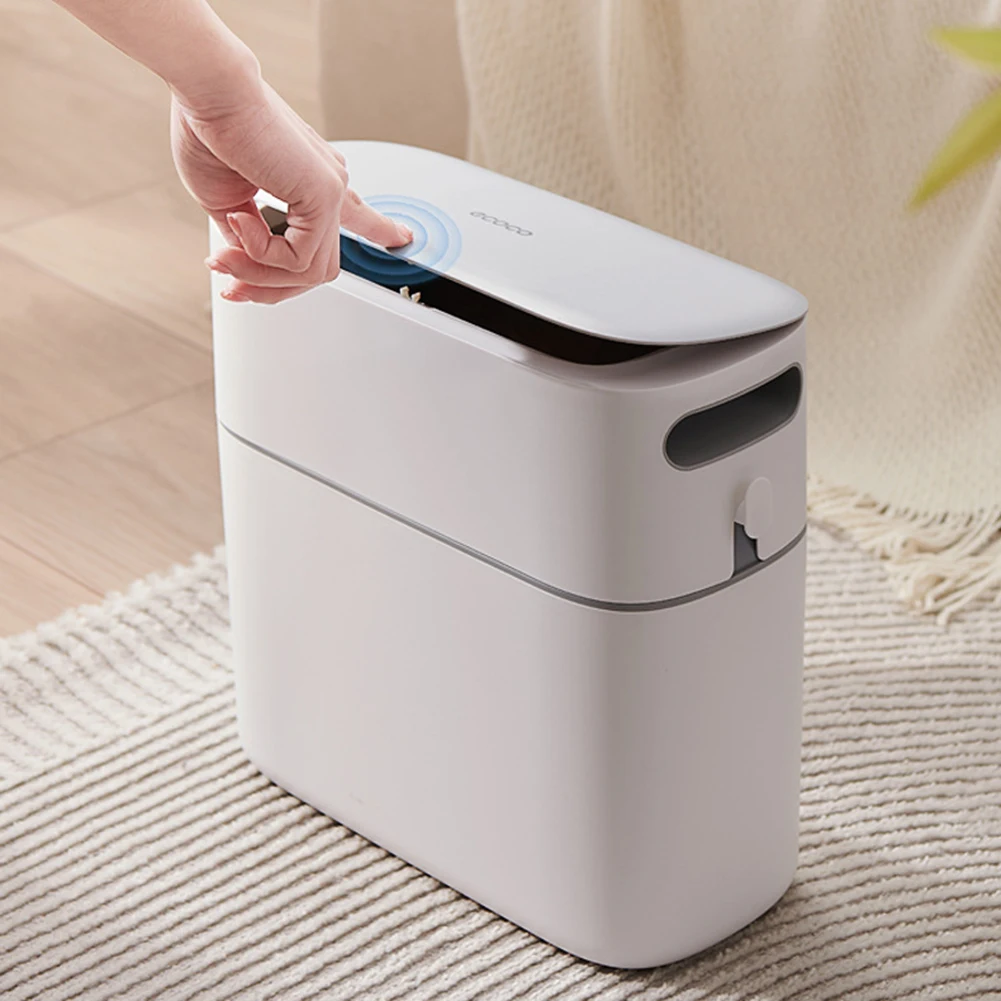 Plastic Trash Can Narrow Wastebasket with Press Type Lid Garbage Container Bin for Bathroom Living Room Bedroom Kitchen Office