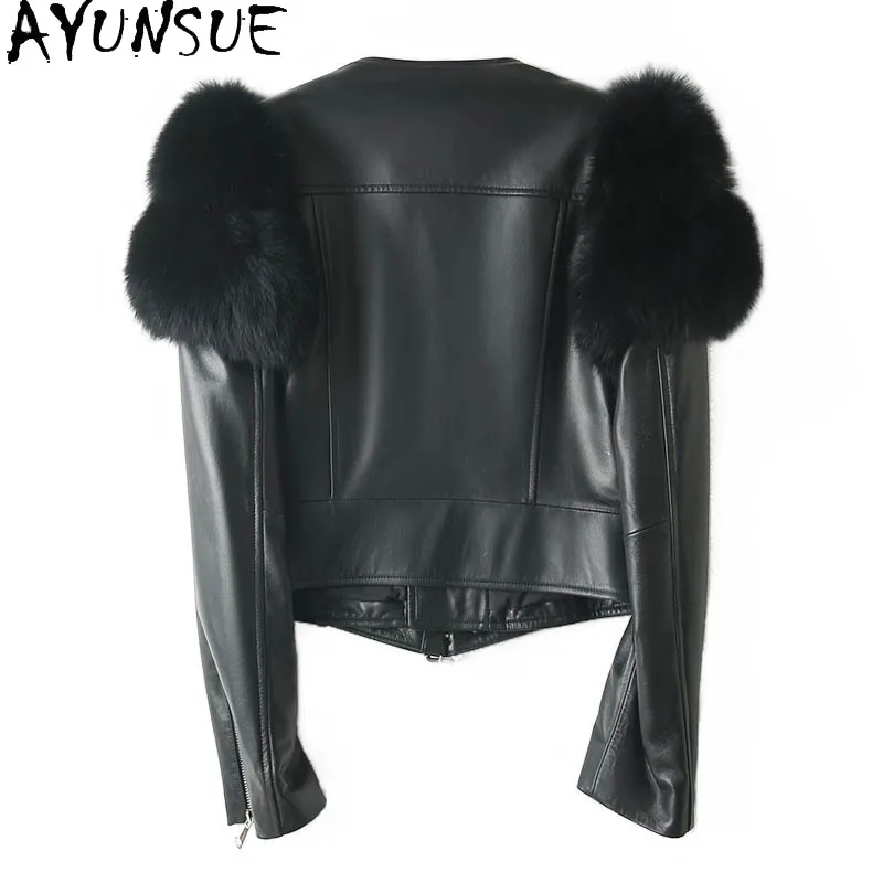 AYUNSUE Giacca in vera pelle da donna Vera pelle di pecora Cappotto da donna Abiti autunnali Collo in pelliccia di volpe 2025 Stile corto Jaqueta De Couro