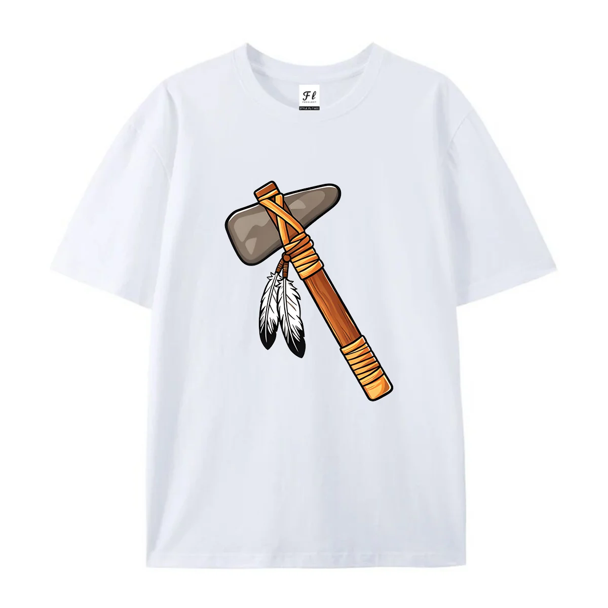 Unisex Vintage Tribal Axe Feather Graphic T Shirt Casual Short Sleeve Tee Primitive Culture Cartoon Print Loose Soft Cotton Tops