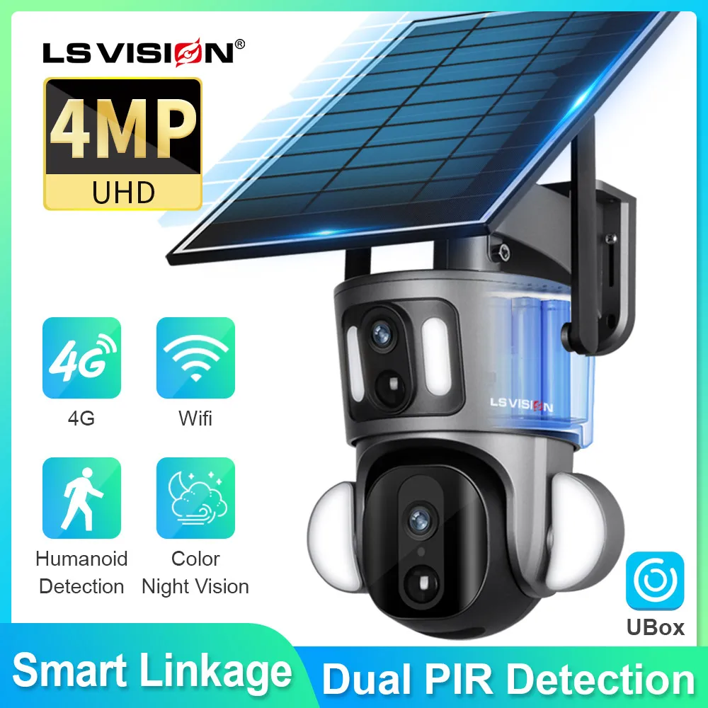 

LS VISION 2K 4G Solar Security Camera 6MP Dual Lens Screen Wireless Outdoor WiFi Solar Panel PTZ Cctv Webcam Motion Dection Cam