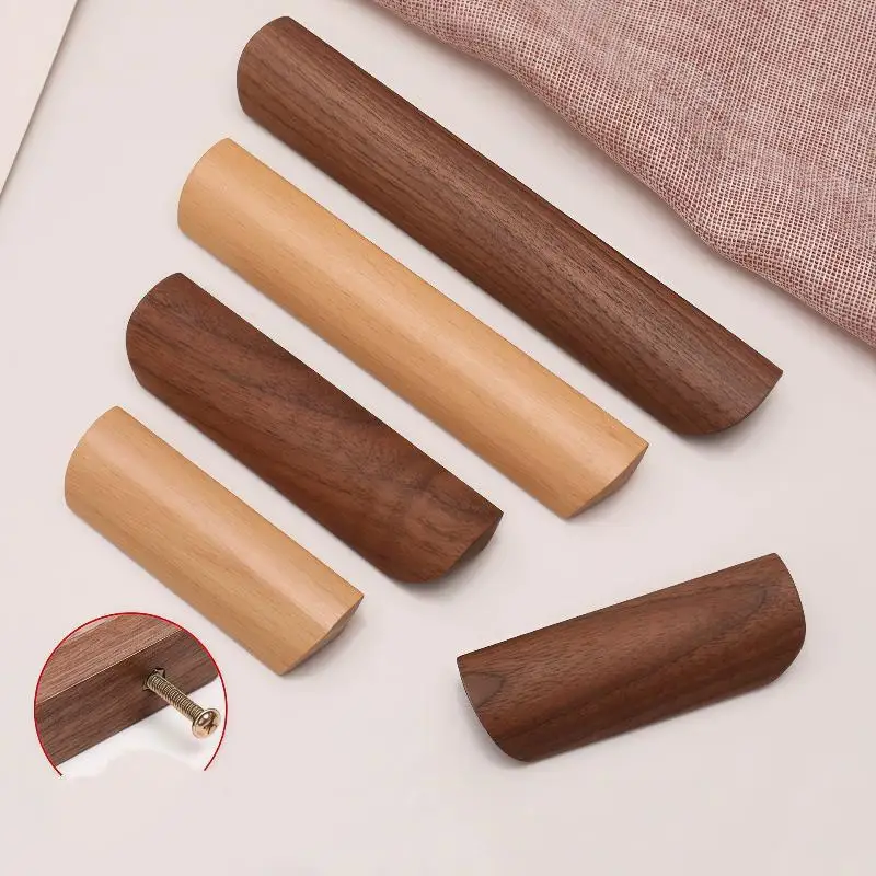1Pcs Nordic Wooden Furniture Handles Drawer Pulls Solid Walnut Kitchen Cabinet Handles Wardrobe Wood Knobs With Screws