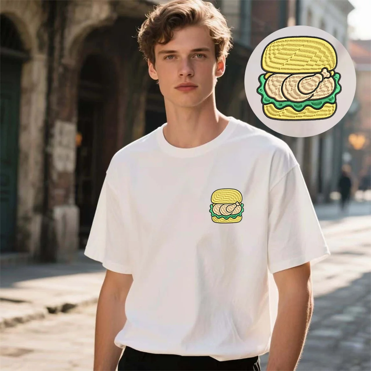 

Chicken Burger Vibe Men & Women's Embroidered T-Shirts – Funky Cotton T-Shirt with Soft Embroidery for Casual Outings