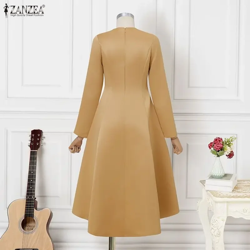 Zanzea elegante vestidos de festa feminino manga longa cetim a linha vestidos 2026 moda o pescoço sólido casamento maxi robe streetwear 3xl