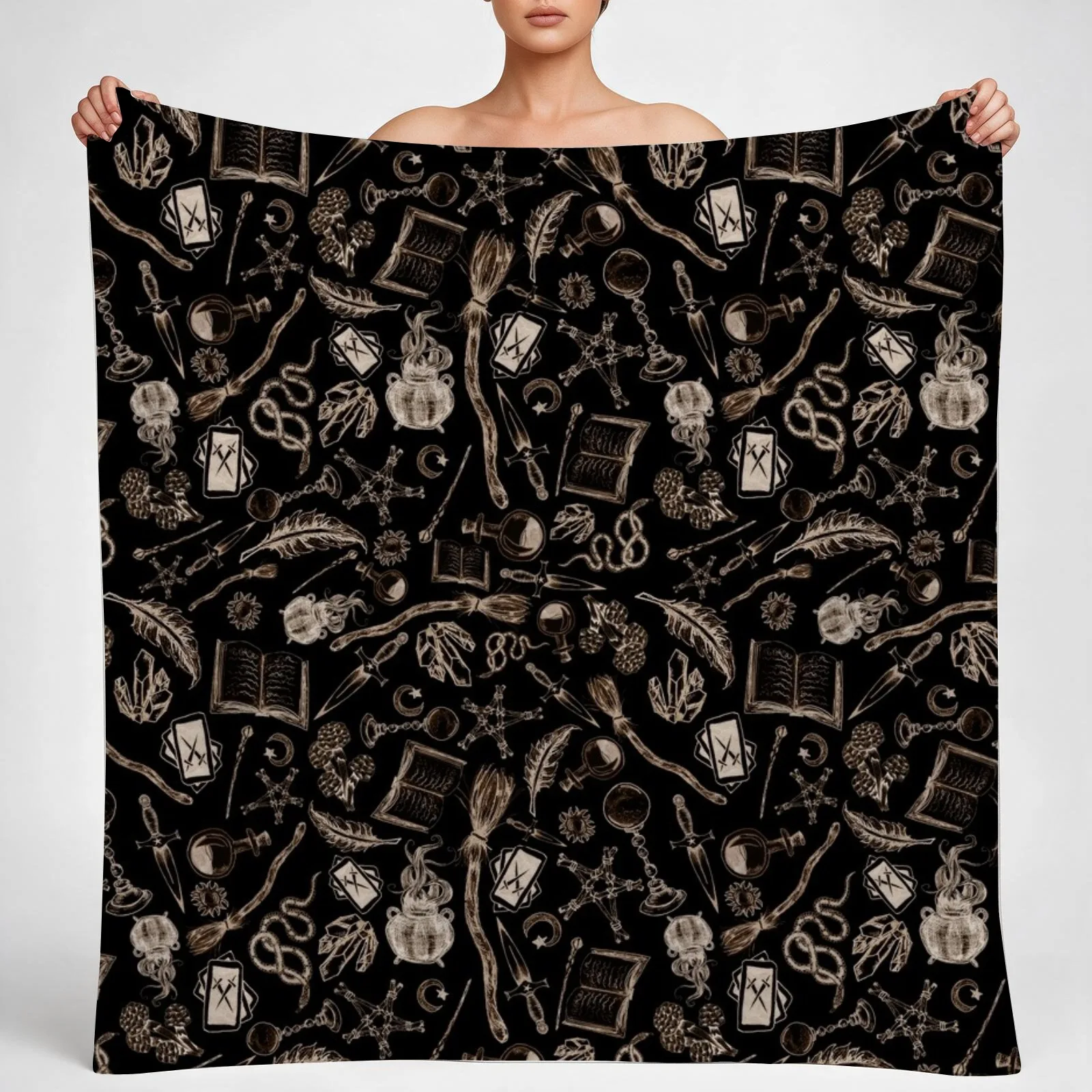 Modern Witches Altar in Black and Gold Throw Blanket couch cozy soft plush fuzzy picnic outdoor blanket