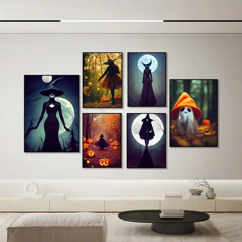 Happy Halloween witch cute art, witch and moon fantasy poster, halloween sand sea festival, surreal witch, halloween gift