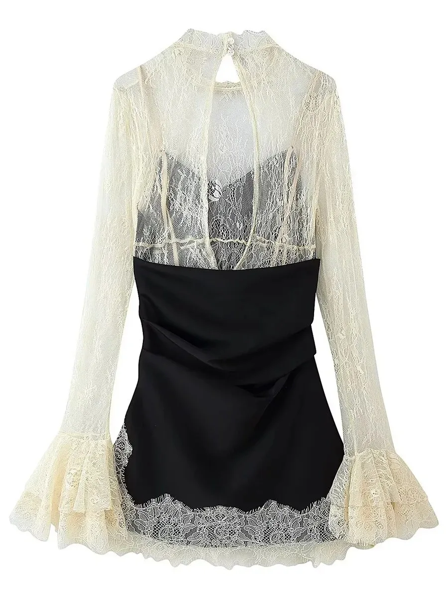 TWOTWINSTYLE Hit Color Embroidery Vest Dresses for Women Stand Collar Flare Sleeves High Waist Patchwork Sheer Lace Dress Female