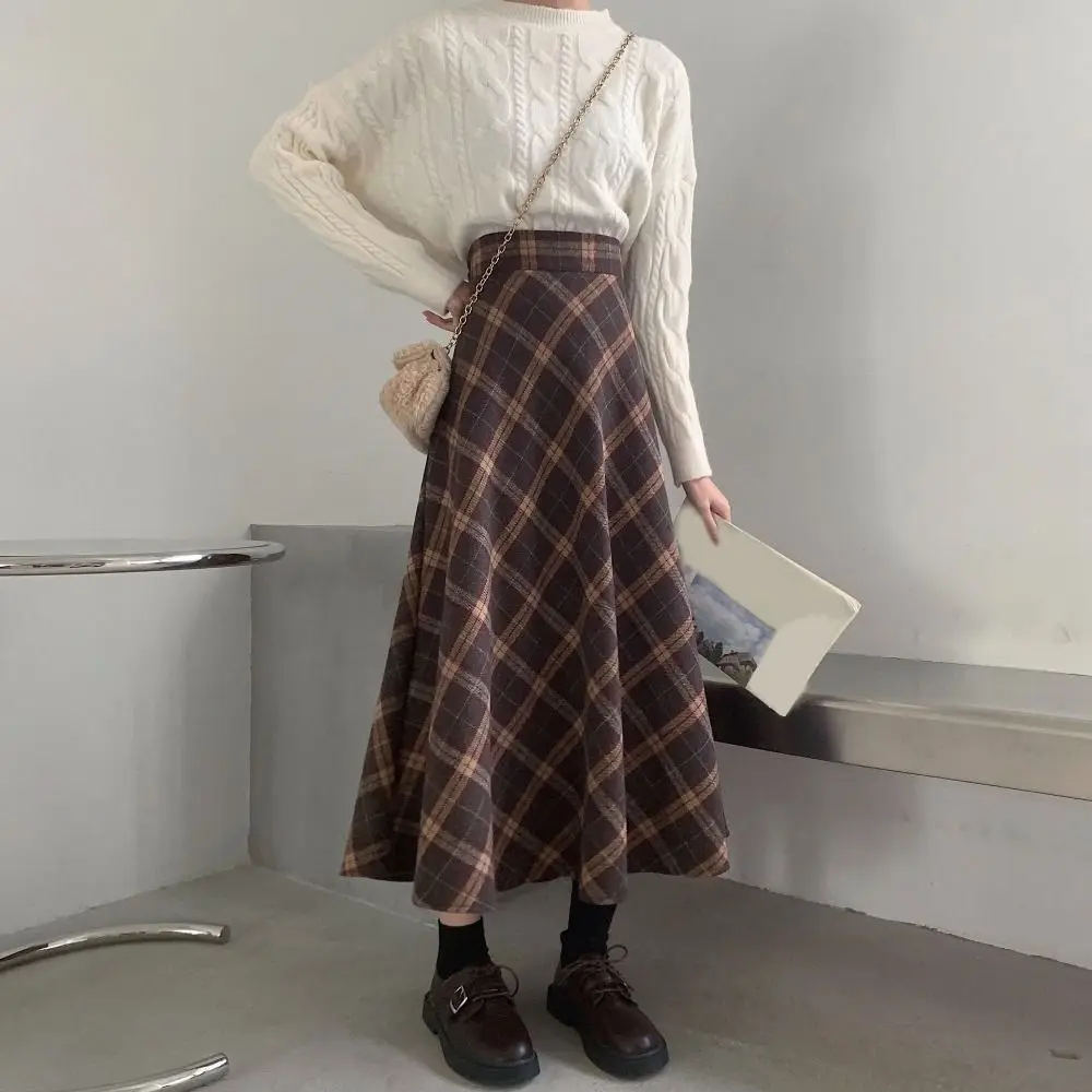 Fashion High Waist Retro Plaid Skirt Slim Fit Winter Autumu High Waist Long Skirt Preppy Style Classical A-line Half Dress Girls