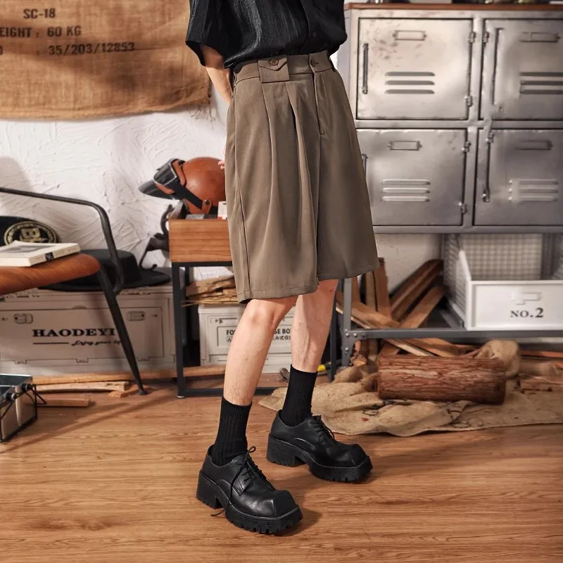Japanese Style Vintage Fashion Men's Solid Color Loose Straight Wide Leg Casual Business Simple Basic Knee Length Shorts Male
