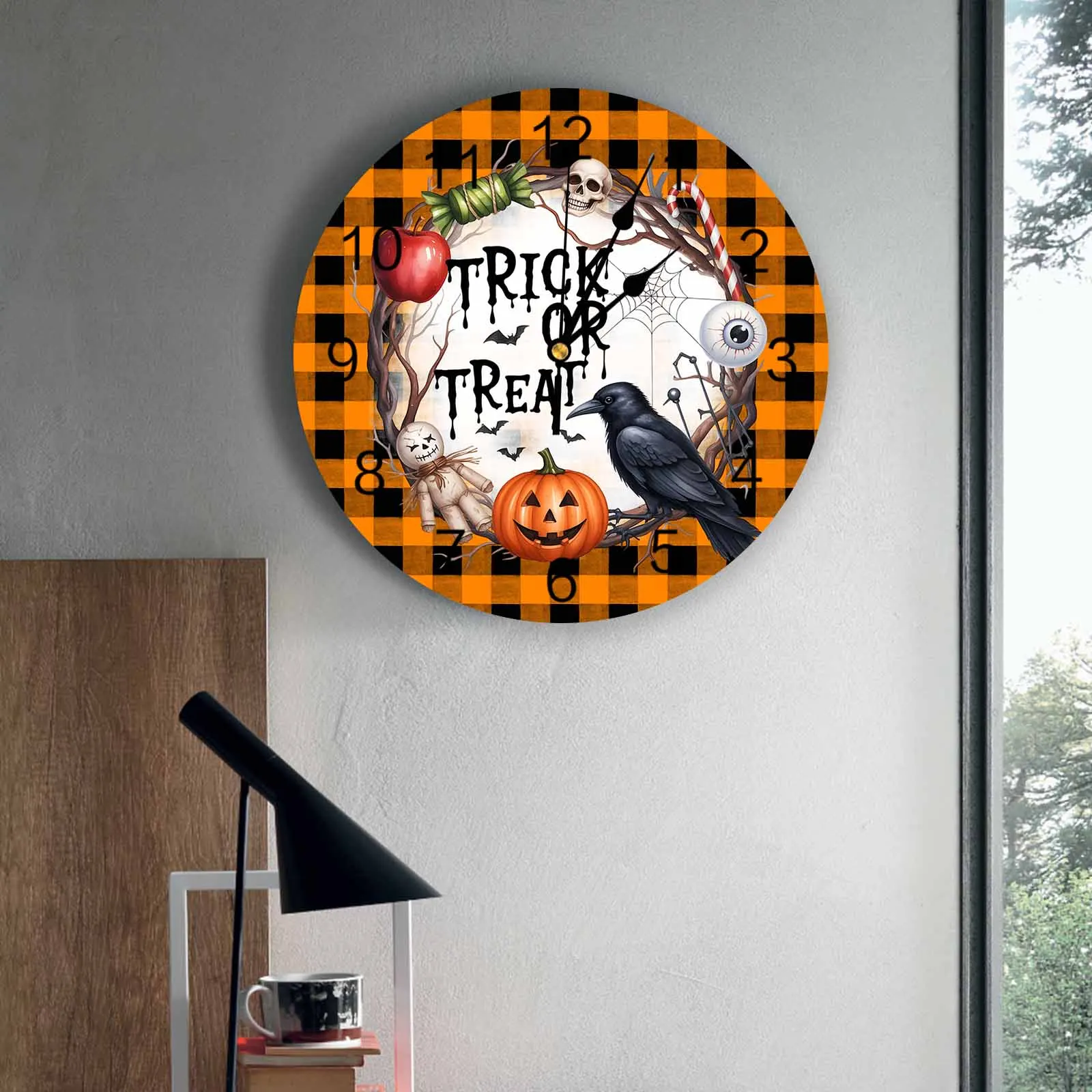 

Настенные часы для спальни «Кошелек или жизнь» на Хэллоуин, оранжевые клетчатые часы для гостиной, украшения для детской комнаты, кабинет, бесшумные настенные часы