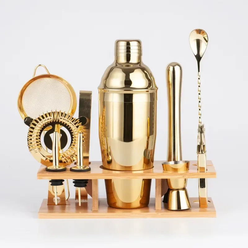 11 Piece Stainless Steel Cocktail Shaker Set 750ml with Bamboo Stand Luxury Bar Tools Kit for Home Bartender Travel Gift