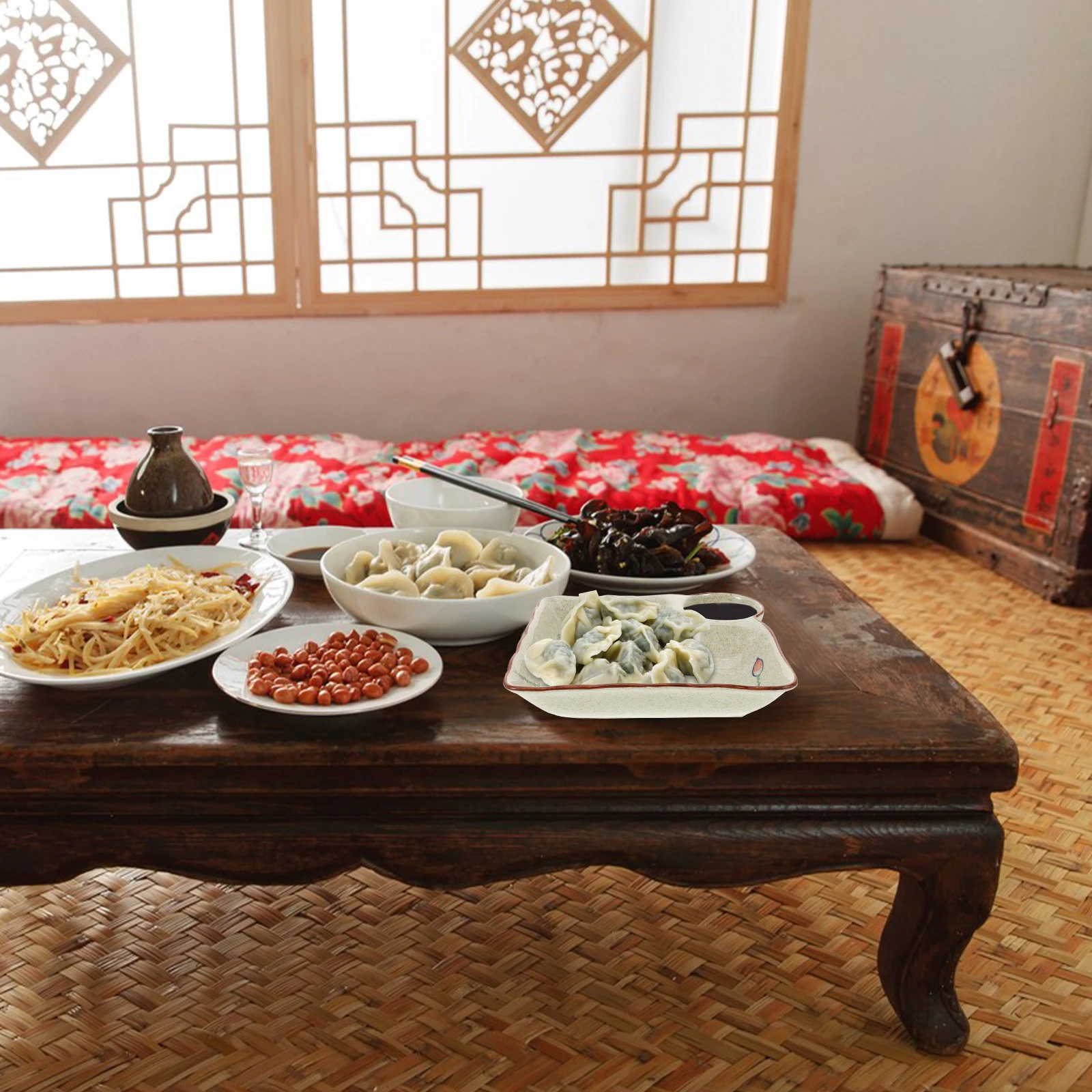 

Ceramic Dumpling Plate Sauce Divider Easy Clean Wear Resistant Serving Platter Multipurpose for Dumplings Sushi Fries