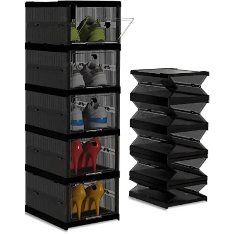 Solid Plastic Not Flimsy 5 Layers Foldable Shoe Storage Boxes or Sneaker Storage Boxes - Easy Installation- All-in-One Black